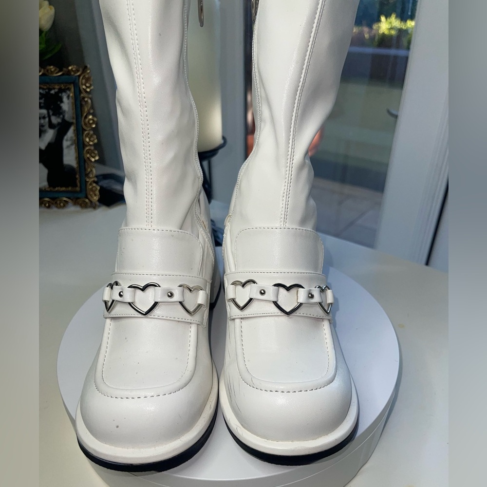 Sugar Thrillz White Mod Platform Boots with Heart Buckle Detail